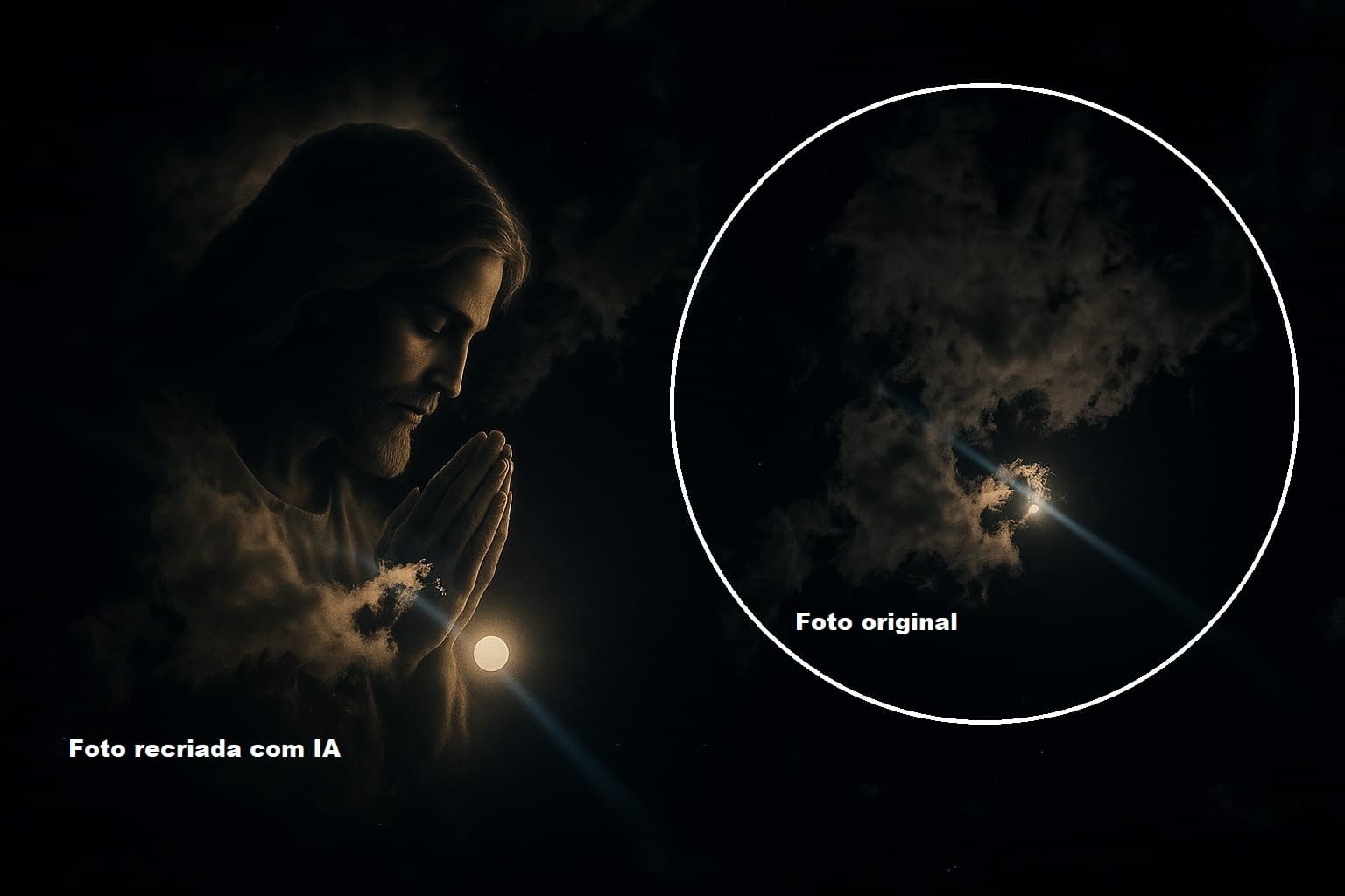 Foto da notícia: Guaraiense se surpreende ao identificar rosto de Jesus Cristo entre as nuvens e a lua no céu