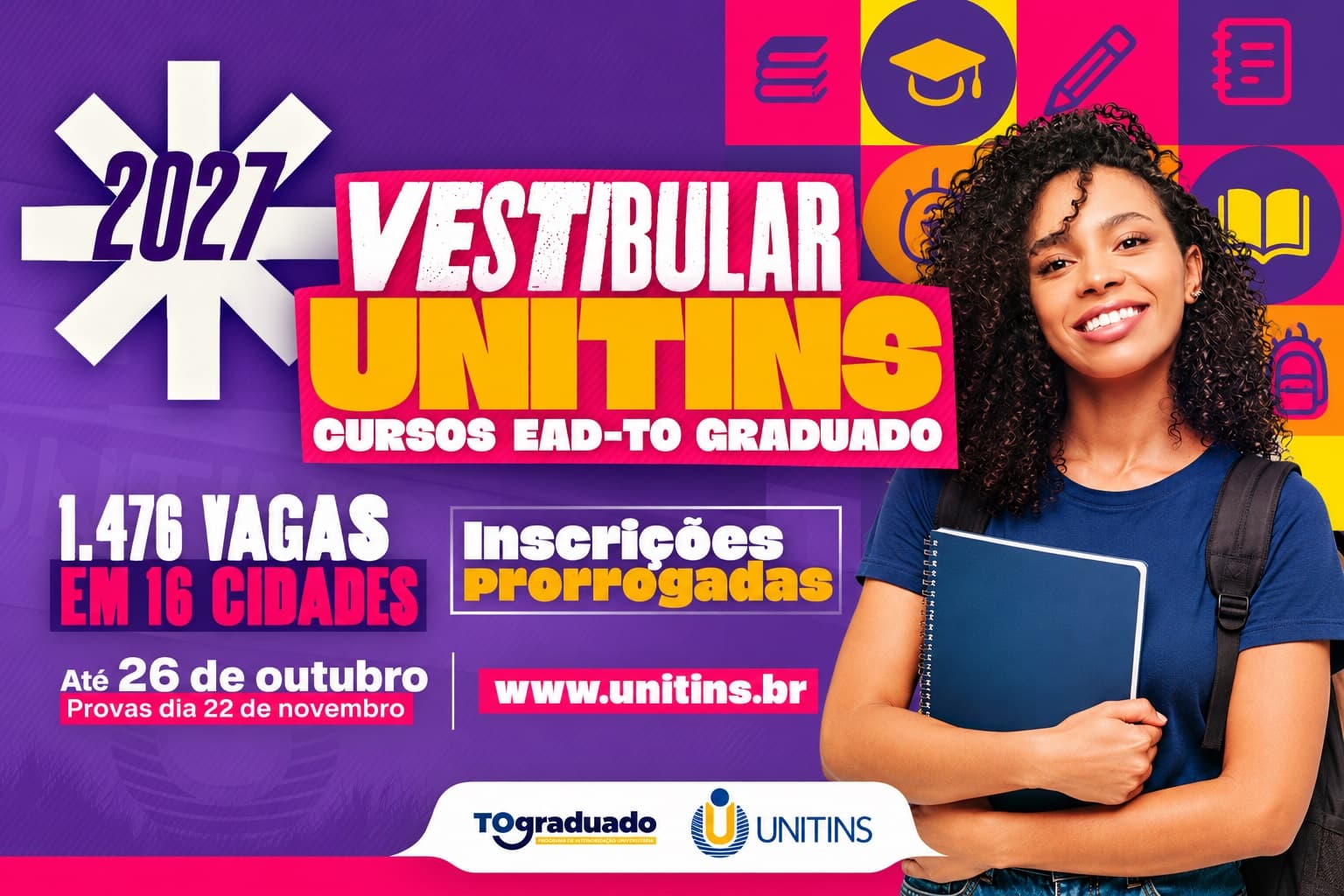 Imagem da notícia: Unitins prorroga até dia 26 inscrições para vestibular com 123 vagas em Guaraí e 1.476 no Estado