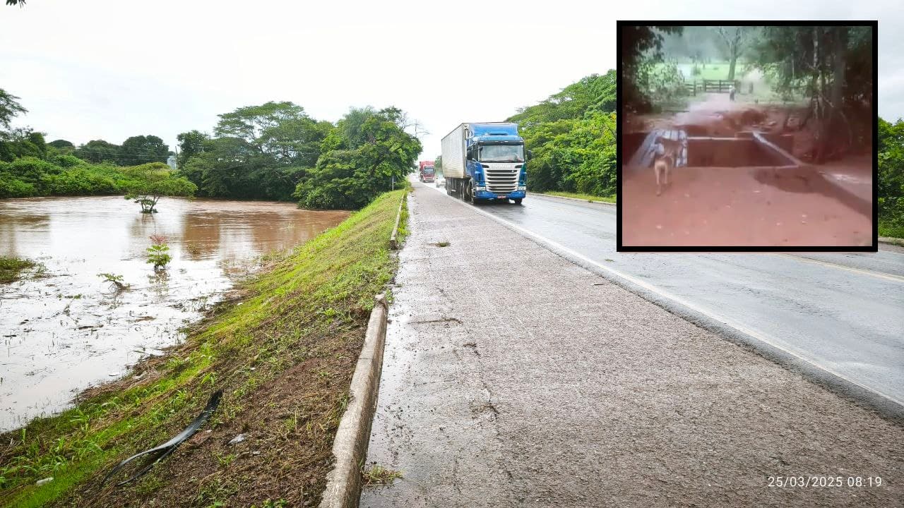 Imagem da notícia: Ribeirão Tranqueira volta a subir em Guaraí; na zona rural, ponte foi afetada e BR-153 é monitorada