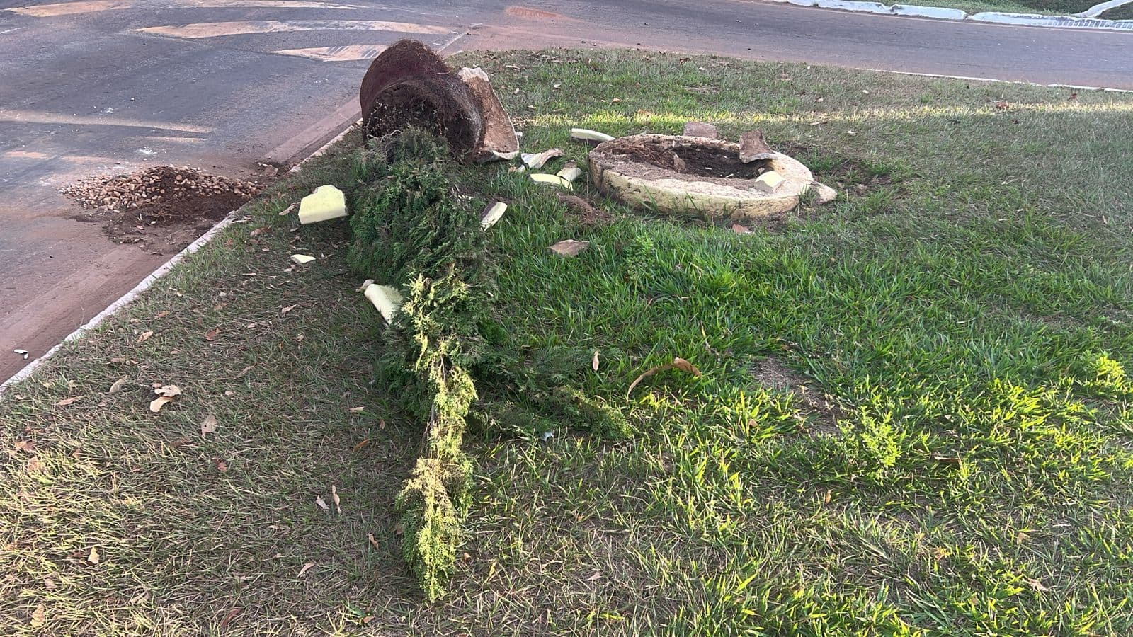Foto da notícia: Vaso ornamental é destruído após caminhão realizar manobra estranha na Bernado Sayão em Guaraí