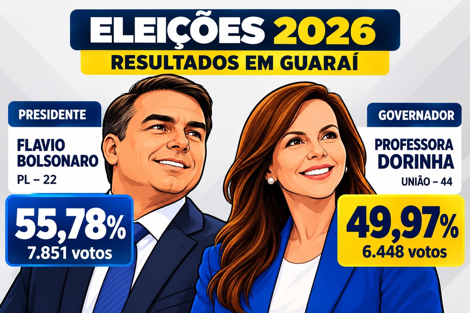 Foto da notícia: Flávio Bolsonaro e Prof.ª Dorinha são os mais votados em Guaraí no 1º turno das eleições 2026