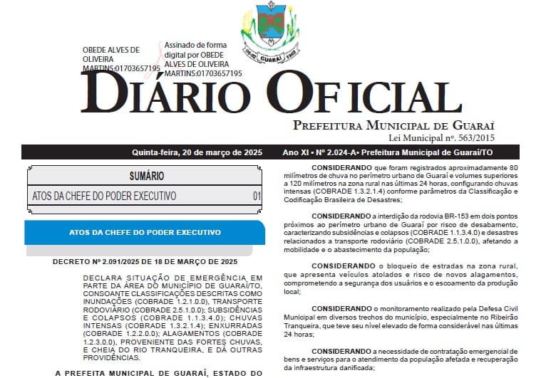 Imagem da notícia: Prefeitura de Guaraí decreta situação de emergência por até 180 dias, podendo a medida ser prorrogada