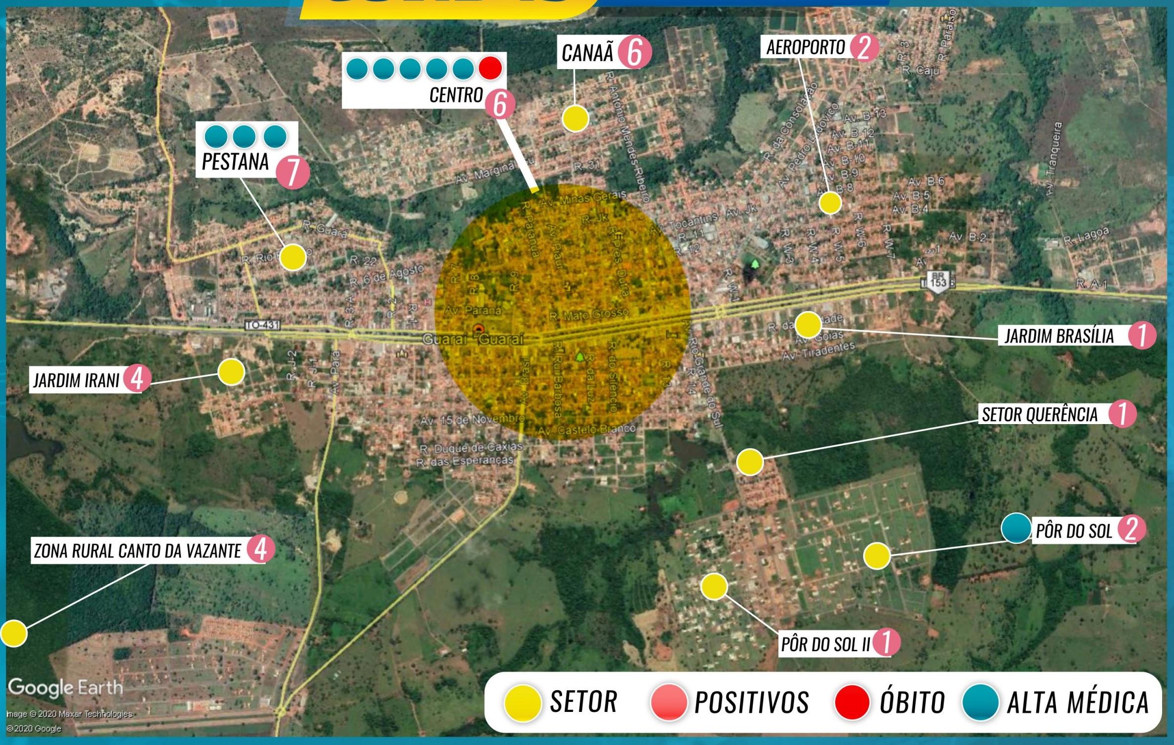 Confira o mapa que mostra as regiões e bairros com casos confirmados de Covid-19 em Guaraí
